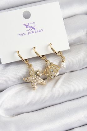 Pirinç Zİrkon Taşlı Deniz Yıldızı Ve İstiridye Model Gold Renk 3'lü Kadın Küpe - TJ-BKP10944