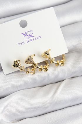 Pirinç Zİrkon Taşlı Kalp Model Gold Renk 3'lü Kadın Küpe - TJ-BKP10947