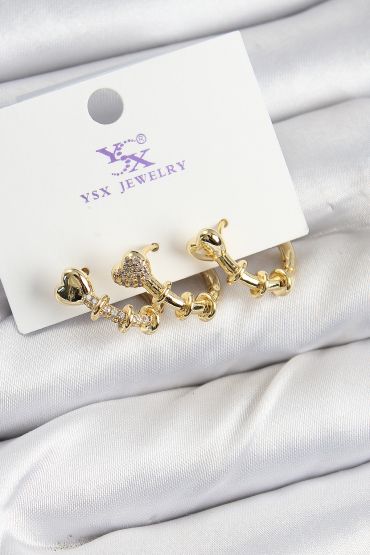 Pirinç Zİrkon Taşlı Kalp Model Gold Renk 3'lü Kadın Küpe - TJ-BKP10947