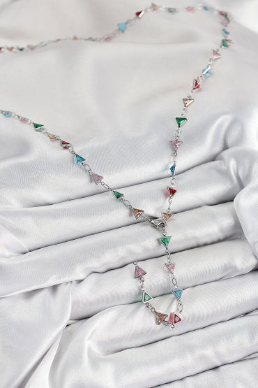 Pirinç Renkli Zirkon Taşlı Üçgen Model Gümüş Renk Kadın Y Kolye - TJ-BKO10383