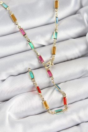 Pirinç Renkli Zirkon Taşlı Dikdörtgen Model Gold Renk Kadın Y Kolye - TJ-BKO10384