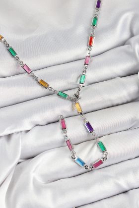 Pirinç Renkli Zirkon Taşlı Dikdörtgen Model Gümüş Renk Kadın Y Kolye - TJ-BKO10385