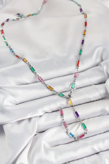Pirinç Renkli Zirkon Taşlı Dikdörtgen Model Gümüş Renk Kadın Y Kolye - TJ-BKO10385