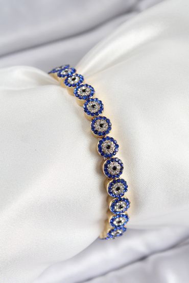 Pirinç Zirkon Taşlı Lacivert Nazar Model Gold Renk Lastikli Kadın Bileklik - TJ-BB7495