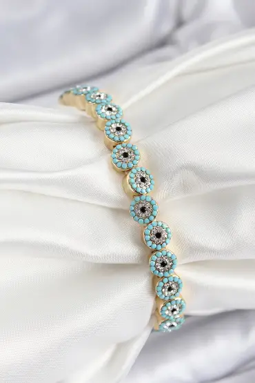 Pirinç Zirkon Taşlı Turkuaz Nazar Model Gold Renk Lastikli Kadın Bileklik - TJ-BB7496