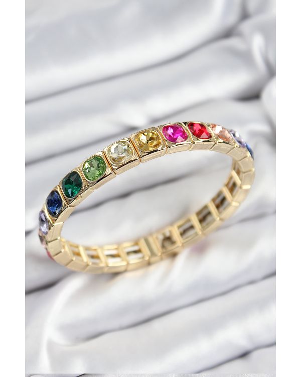 Pirinç Karışık Zirkon Taşlı Kare Model Gold Renk Lastikli Kadın Bileklik - TJ-BB7498