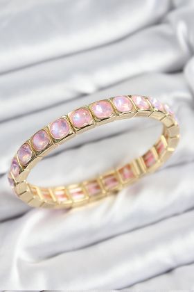 Pirinç Pembe Zirkon Taşlı Kare Model Gold Renk Lastikli Kadın Bileklik - TJ-BB7499