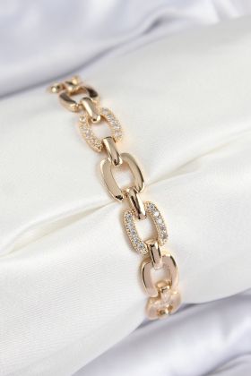Pirinç Zirkon Taşlı Parçalı Zincir Model Gold Renk Kadın Bileklik - TJ-BB7535