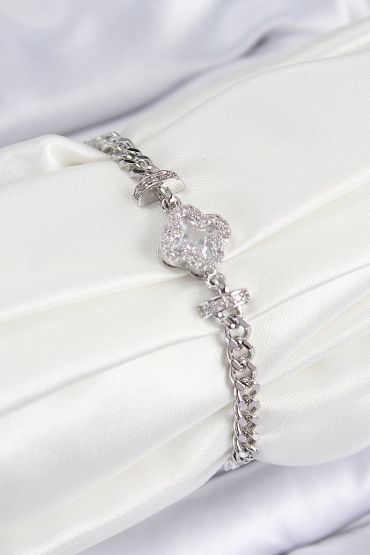 Pirinç Zirkon Taşlı Yonca Model Gümüş Renk Kadın Bileklik - TJ-BB7538