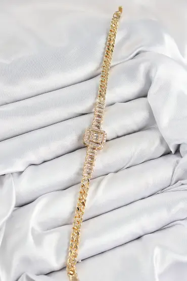 Pirinç Zirkon Taşlı Su Yolu Detaylı Baget Model Gold Renk Kadın Bileklik - TJ-BB7539