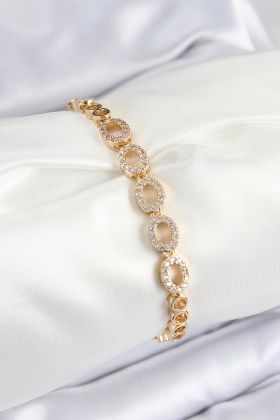 Pirinç Zirkon Taşlı Oval Model Gold Renk Kadın Bileklik - TJ-BB7543