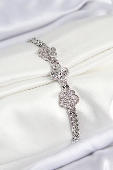 Pirinç Zirkon Taşlı Yonca Model Gümüş Renk Kadın Bileklik - TJ-BB7548