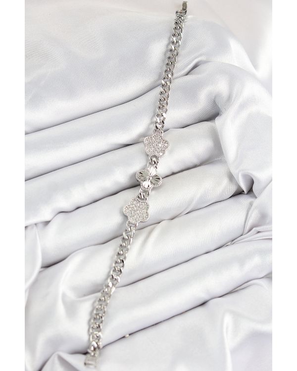 Pirinç Zirkon Taşlı Yonca Model Gümüş Renk Kadın Bileklik - TJ-BB7548