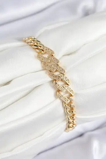 Pirinç Zirkon Taşlı Ezme Küba Zincir Model Gold Renk Kadın Bileklik - TJ-BB7549