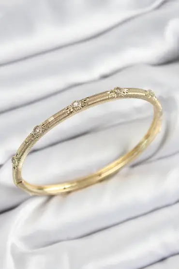 Pirinç Zirkon Taşlı Vintage Model Gold Renk Kadın Kelepçe - TJ-BB7580