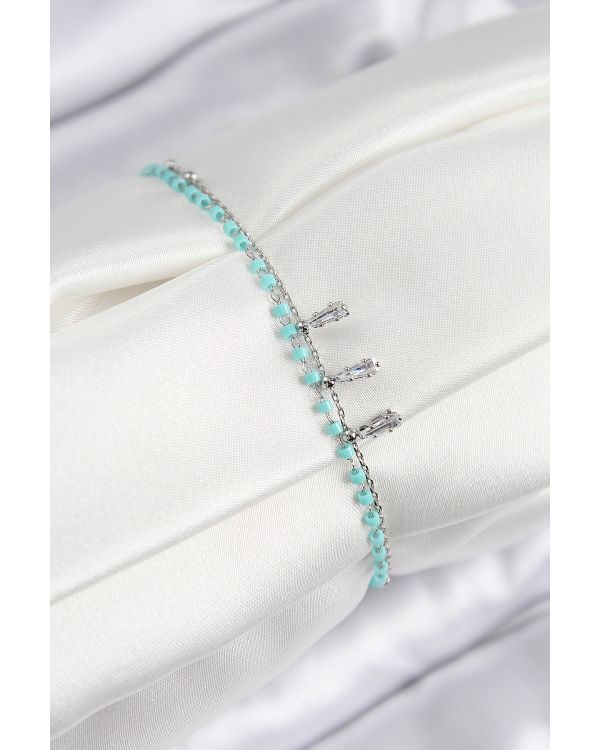 Pirinç Zirkon Taşlı Mavi Boncuklu Model Gümüş Renk Kadın Bileklik - TJ-BB7582