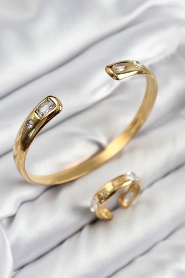 Pirinç Zirkon Taşlı Ayrık Model Gold Renk Bileklik Yüzük Set - TJ-BB7605