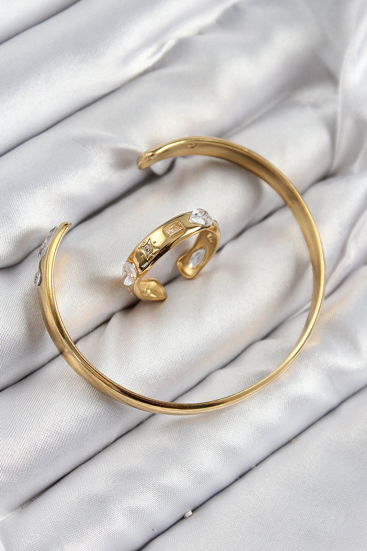 Pirinç Zirkon Taşlı Ayrık Model Gold Renk Bileklik Yüzük Set - TJ-BB7605