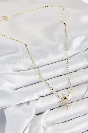 Pirinç Zirkon Taşlı Kutup Yıldızı Model Ezme Zincir Gold Renk Kadın Kolye - TJ-BKO10388