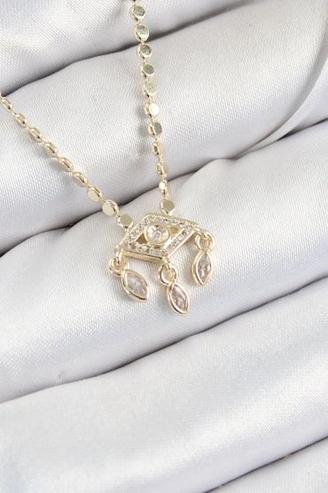 Pirinç Zirkon Taşlı Sallantılı Göz Model Ezme Zincir Gold Renk Kadın Kolye - TJ-BKO10389