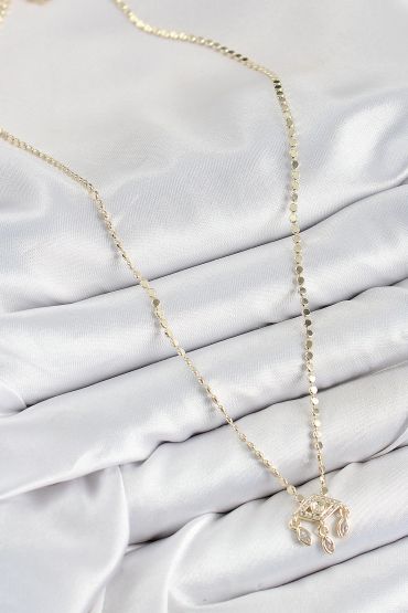 Pirinç Zirkon Taşlı Sallantılı Göz Model Ezme Zincir Gold Renk Kadın Kolye - TJ-BKO10389