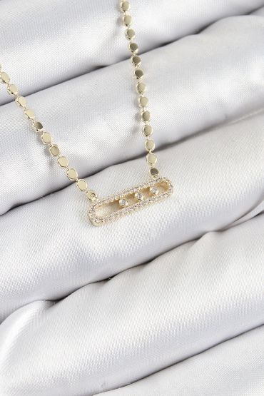 Pirinç Zirkon Taşlı Messika Model Ezme Zincir Gold Renk Kadın Kolye - TJ-BKO10391