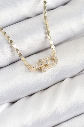 Pirinç Zirkon Taşlı Tifany Model Ezme Zincir Gold Renk Kadın Kolye - TJ-BKO10393