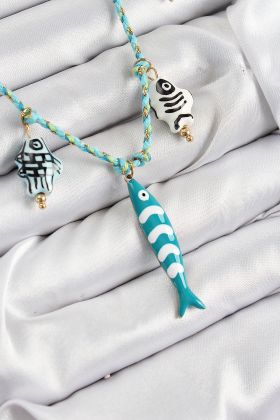 Seramik Motifli Balık Figürlü Model Mavi İp Kadın Kolye - TJ-BKO10396