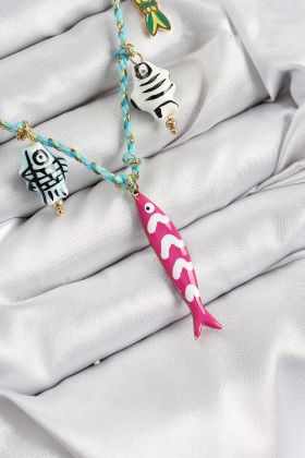 Seramik Motifli Pembe Balık Figürlü Model Mavi İp Kadın Kolye - TJ-BKO10397