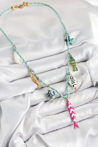Seramik Motifli Pembe Balık Figürlü Model Mavi İp Kadın Kolye - TJ-BKO10397