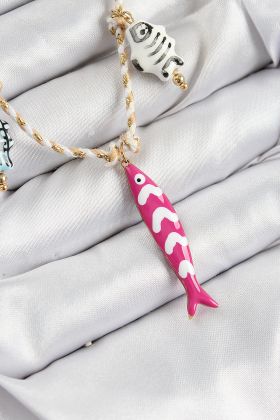 Seramik Motifli Pembe Balık Figürlü Model Krem İp Kadın Kolye - TJ-BKO10398