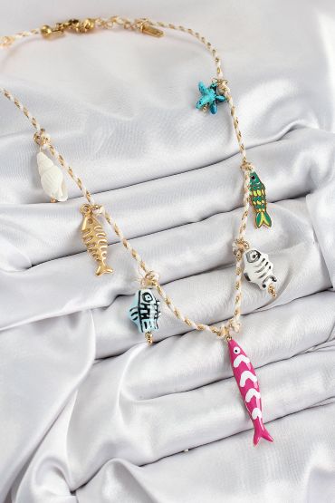 Seramik Motifli Pembe Balık Figürlü Model Krem İp Kadın Kolye - TJ-BKO10398