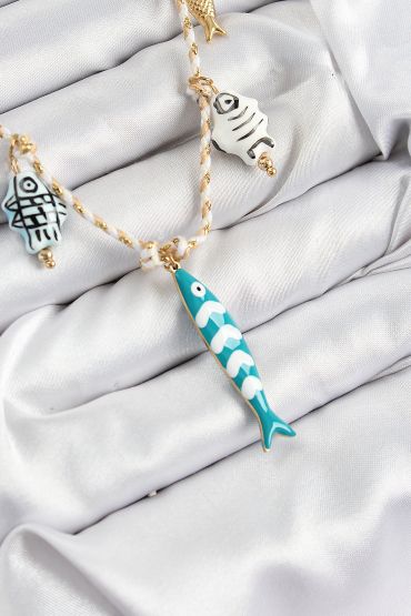 Seramik Motifli Balık Figürlü Model Krem İp Kadın Kolye - TJ-BKO10401