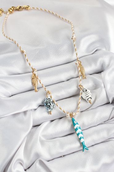 Seramik Motifli Balık Figürlü Model Krem İp Kadın Kolye - TJ-BKO10401