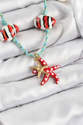 Seramik Motifli Deniz Yıldzı Figürlü Model Mavi İp Kadın Kolye - TJ-BKO10402