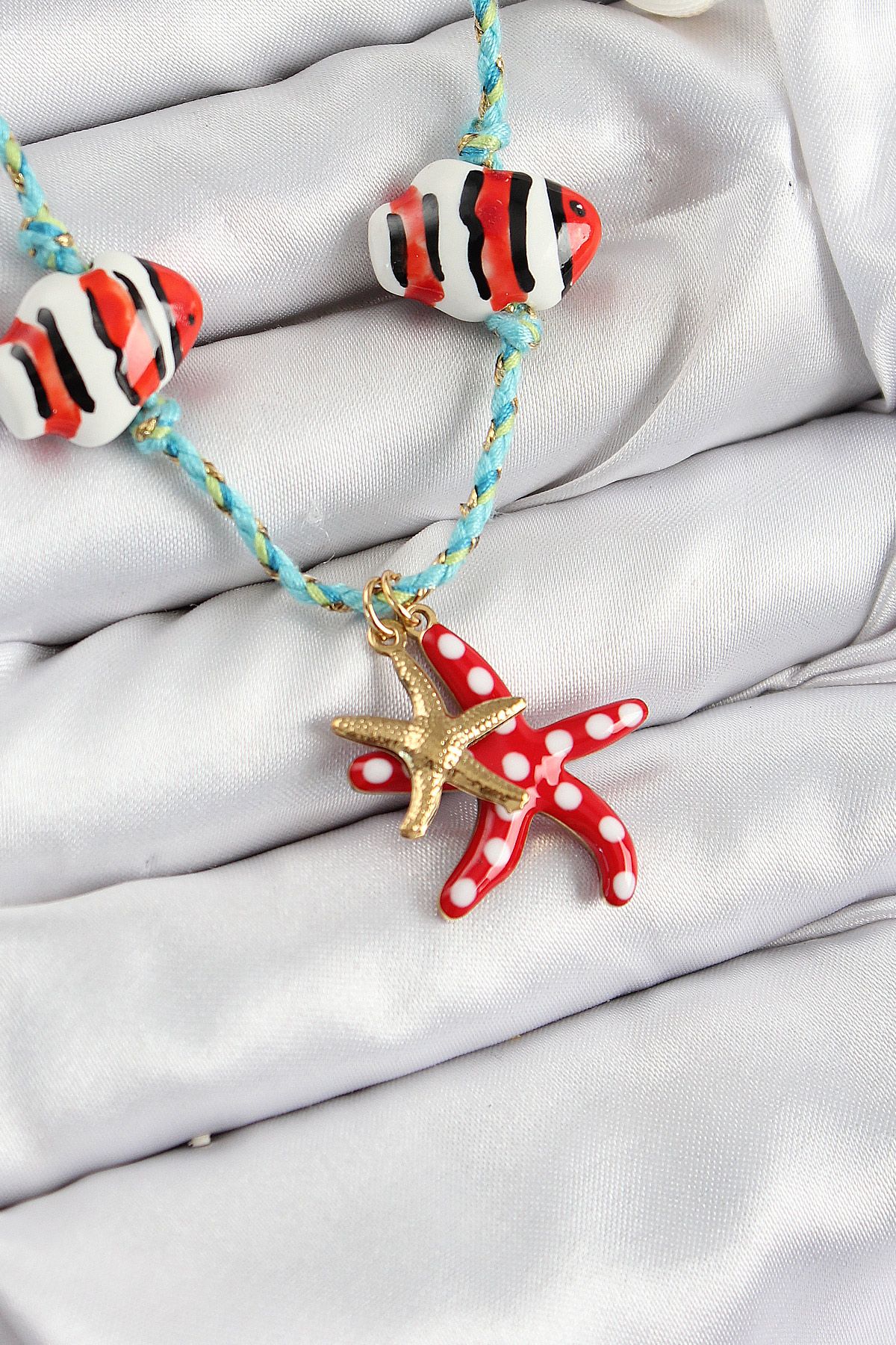 Seramik Motifli Deniz Yıldzı Figürlü Model Mavi İp Kadın Kolye - TJ-BKO10402