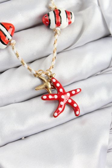 Seramik Motifli Deniz Yıldzı Figürlü Model Krem İp Kadın Kolye - TJ-BKO10403