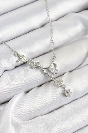 316L Çelik Zirkon Taşlı Kelebek Model Gümüş Renk Kadın Kolye - TJ-BKO10404