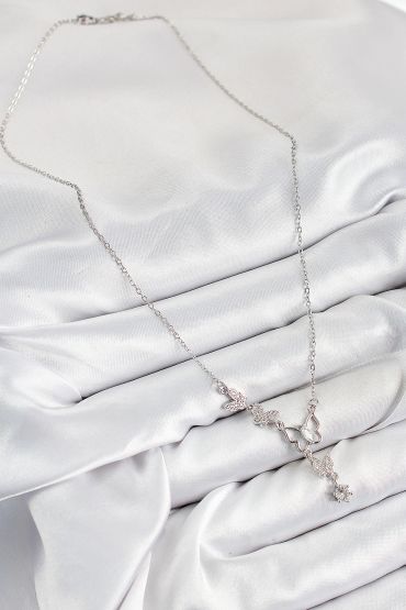 316L Çelik Zirkon Taşlı Kelebek Model Gümüş Renk Kadın Kolye - TJ-BKO10404