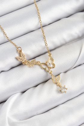 316L Çelik Zirkon Taşlı Kelebek Model Gold Renk Kadın Kolye - TJ-BKO10405