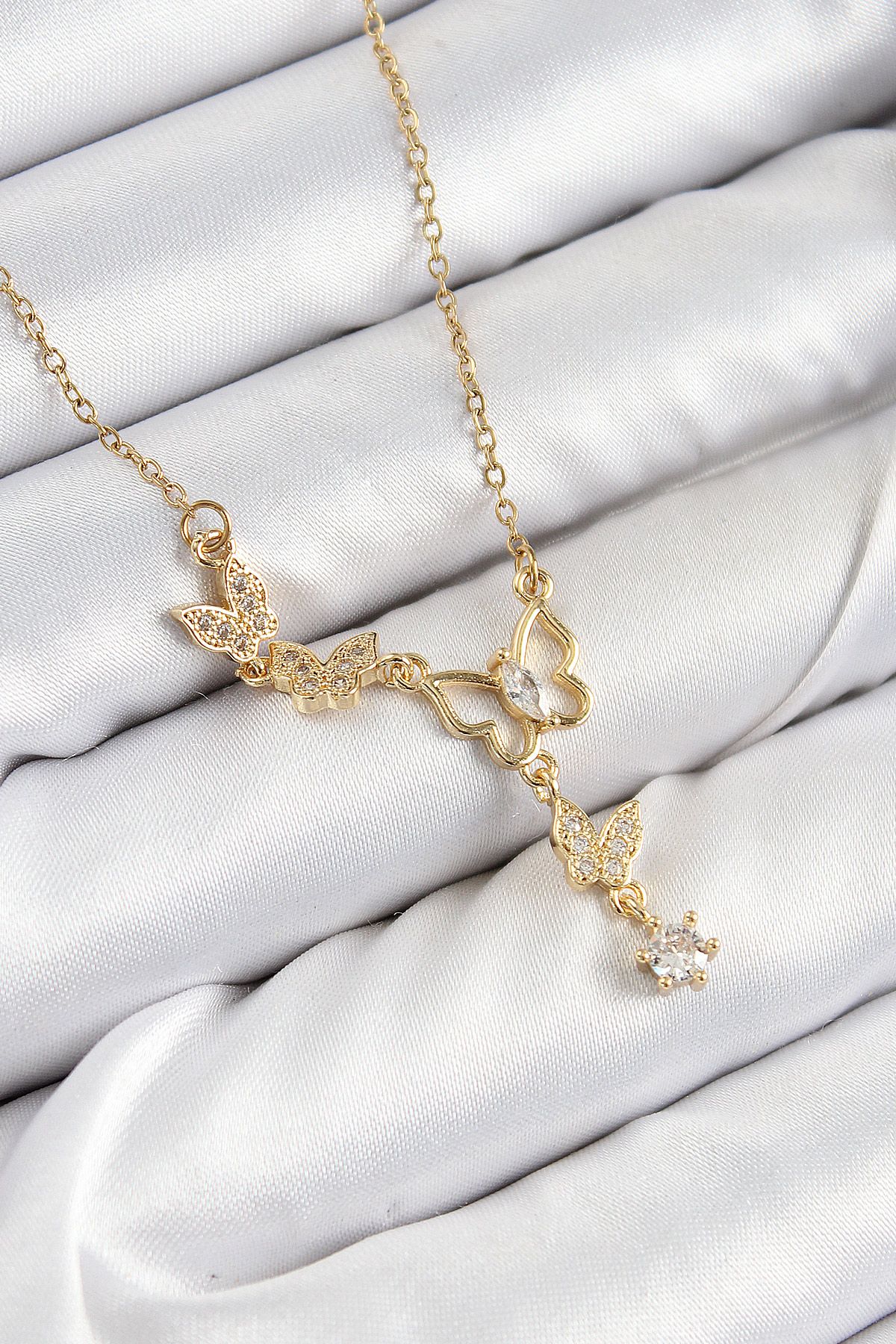 316L Çelik Zirkon Taşlı Kelebek Model Gold Renk Kadın Kolye - TJ-BKO10405