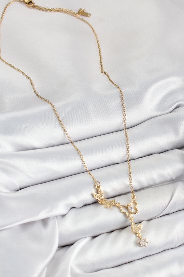 316L Çelik Zirkon Taşlı Kelebek Model Gold Renk Kadın Kolye - TJ-BKO10405