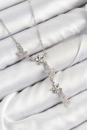 316L Çelik Zirkon Taşlı Çiçek Model Gümüş Renk Kadın Kolye - TJ-BKO10406