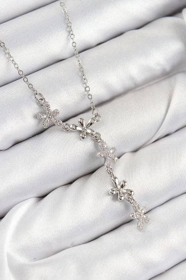 316L Çelik Zirkon Taşlı Çiçek Model Gümüş Renk Kadın Kolye - TJ-BKO10406