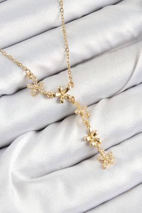 316L Çelik Zirkon Taşlı Çiçek Model Gold Renk Kadın Kolye - TJ-BKO10407