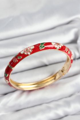 Mineli Pirinç Kırmızı Çiçek Motifli Gold Kadın Kelepçe - TJ-BB7619