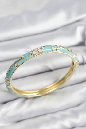 Mineli Pirinç Zirkon Taşlı Turkuaz Çiçek Motifli Gold Kadın Kelepçe - TJ-BB7629