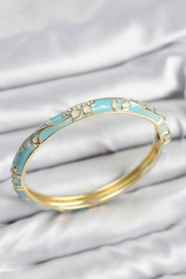 Mineli Pirinç Zirkon Taşlı Turkuaz Çiçek Motifli Gold Kadın Kelepçe - TJ-BB7629