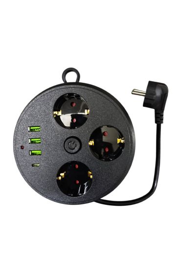 3 Lü Akım Korumalı Priz Makaralı Anahtarlı 16A 4000 Watt 3 x Usb - 1 Type-C 3395