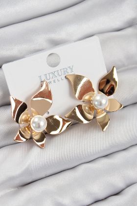 Pirinç İnci Detaylı Çiçek Model Gold Renk Kadın Küpe - TJ-BKP11031